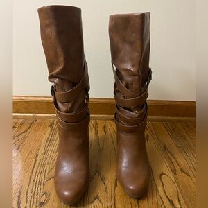 Brown faux leather heeled boots